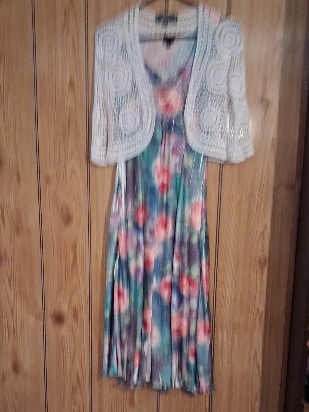 Komarov Multicolor Floral Maxi Dress with White Crochet Bolero
